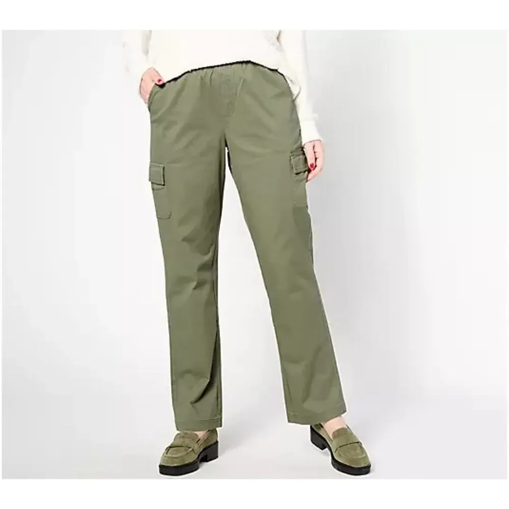 Denim & Co. Reg EasyWear Twill Pull-On Cargo Straight Leg Pants Dark Olive Sz XL